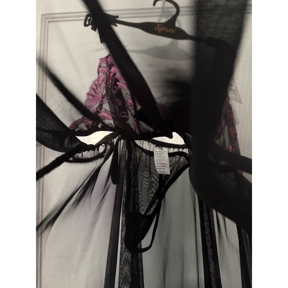 NWT Black Pink Lace Sheer Babydoll Lingerie Thong Set Nightgown Medium Spree - Picture 7 of 10